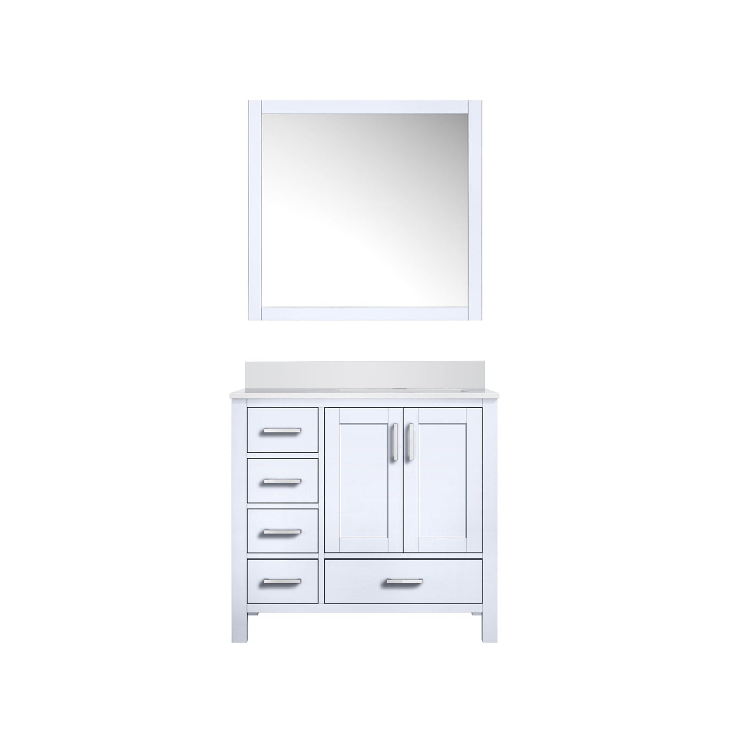 Jacques 36" White Single Vanity, White Quartz Top, White Square Sink and 34" Mirror - Right Version