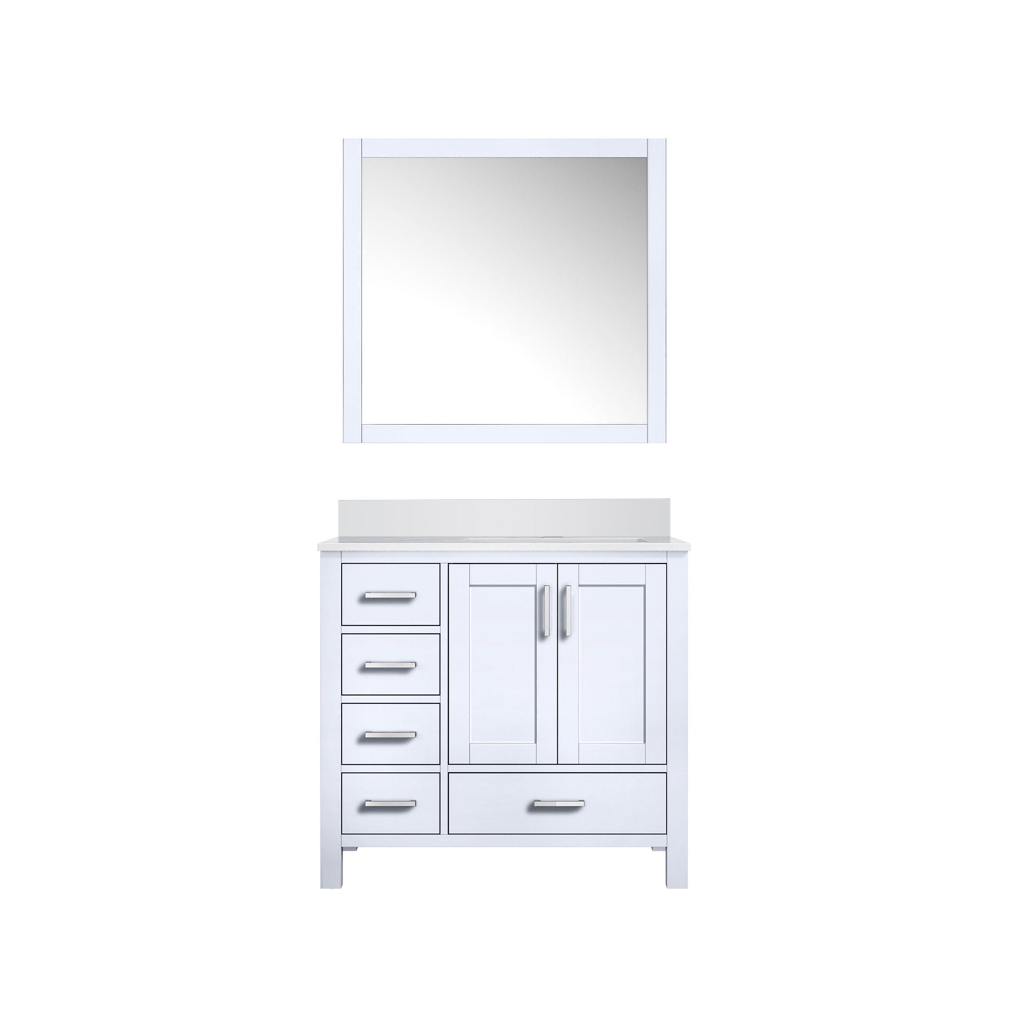 Jacques 36" White Single Vanity, White Quartz Top, White Square Sink and 34" Mirror - Right Version