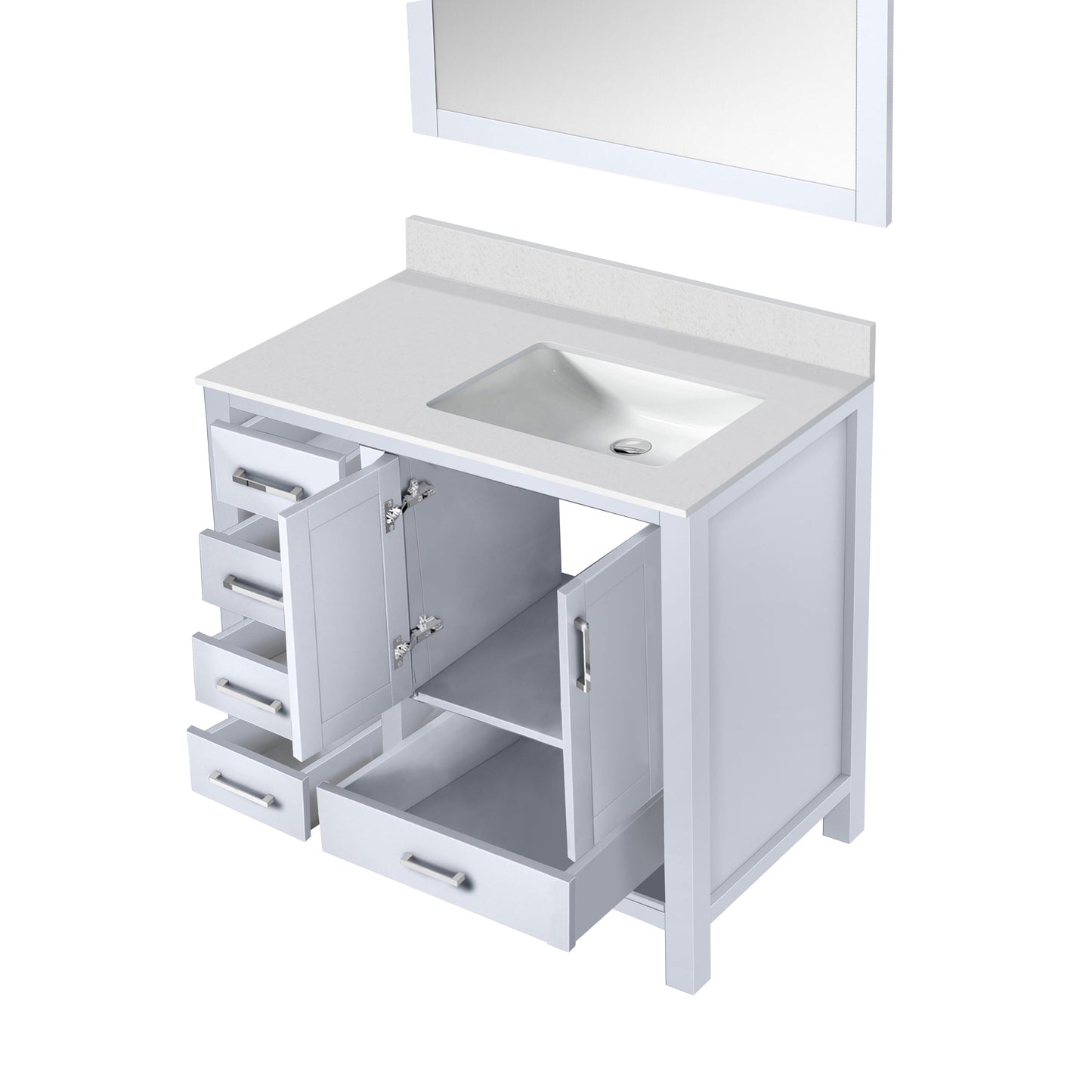 Jacques 36" White Single Vanity, White Quartz Top, White Square Sink and 34" Mirror - Right Version