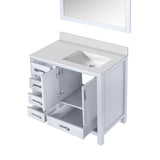 Jacques 36" White Single Vanity, White Quartz Top, White Square Sink and 34" Mirror - Right Version