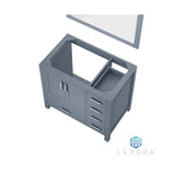 Jacques 36" Dark Grey Single Vanity, White Carrara Marble Top, White Square Sink and 34" Mirror w/ Faucet - Left Version