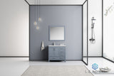 Jacques 36" Dark Grey Single Vanity, White Carrara Marble Top, White Square Sink and 34" Mirror w/ Faucet - Left Version