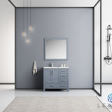 Jacques 36" Dark Grey Single Vanity, White Carrara Marble Top, White Square Sink and 34" Mirror - Left Version