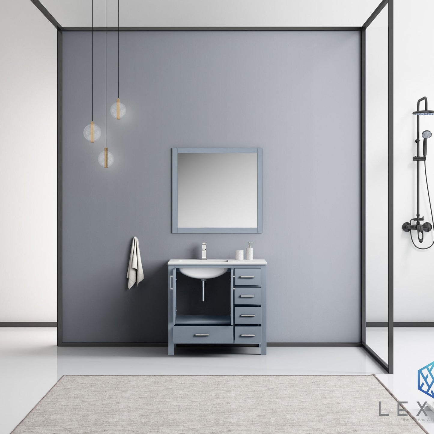 Jacques 36" Dark Grey Single Vanity, White Carrara Marble Top, White Square Sink and 34" Mirror - Left Version