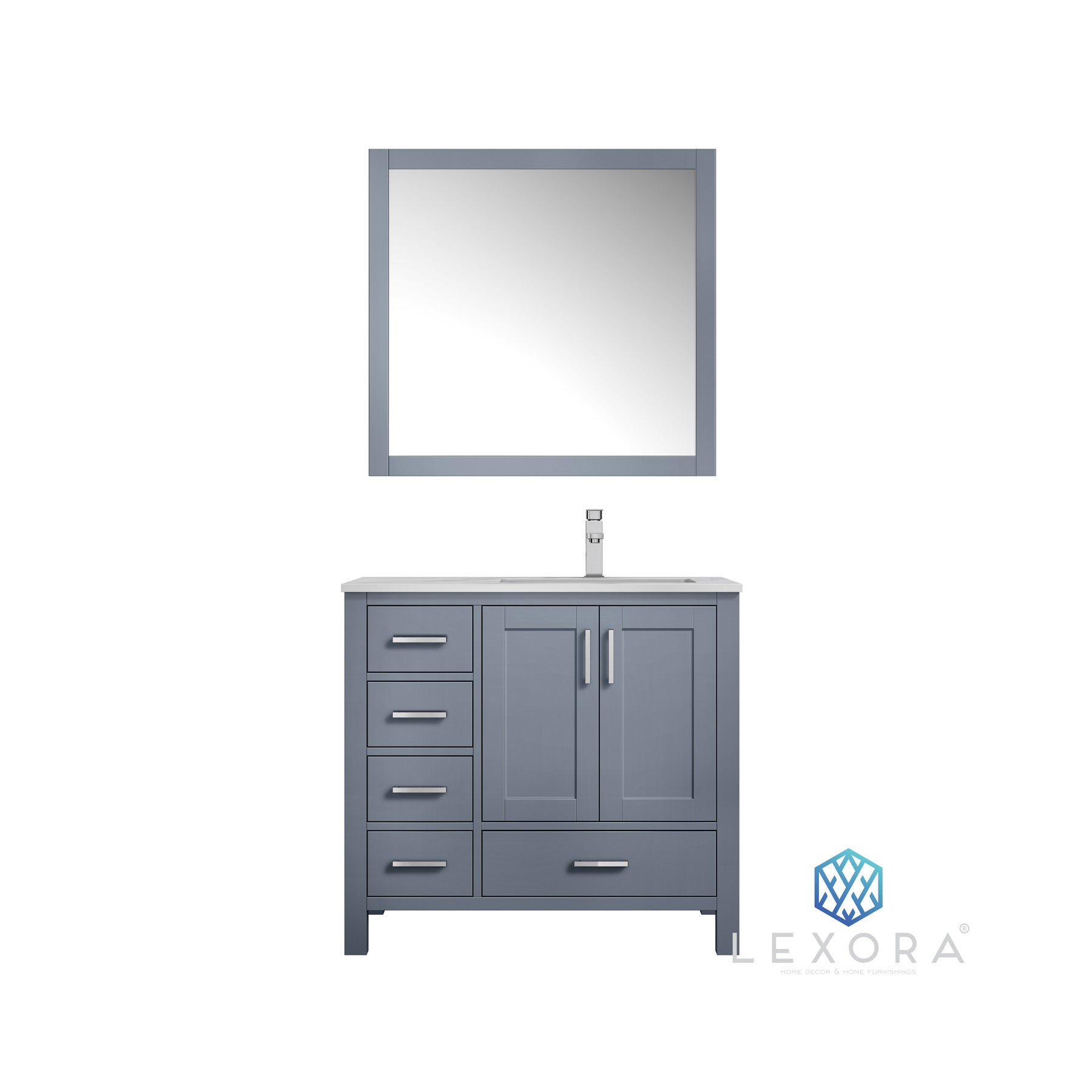 Jacques 36" Dark Grey Single Vanity, White Carrara Marble Top, White Square Sink and 34" Mirror - Right Version