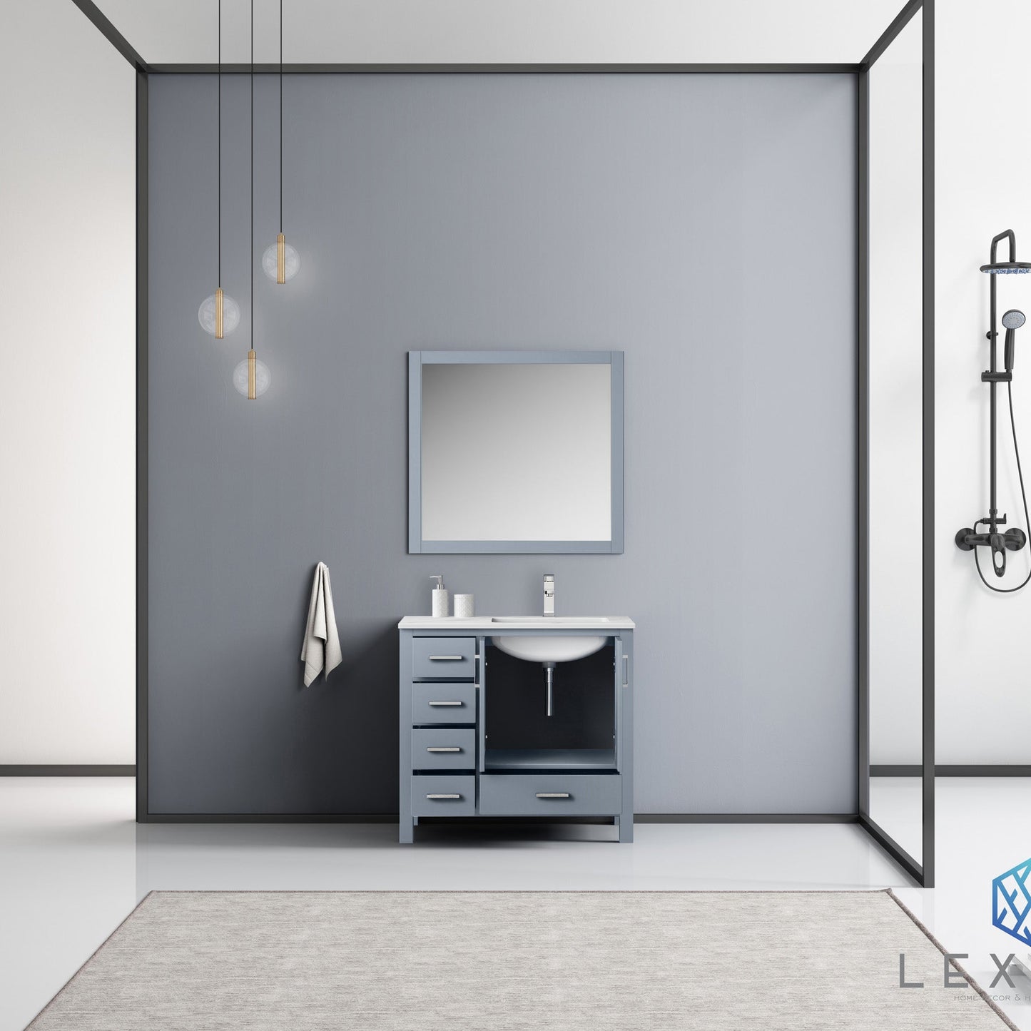 Jacques 36" Dark Grey Single Vanity, White Carrara Marble Top, White Square Sink and 34" Mirror - Right Version