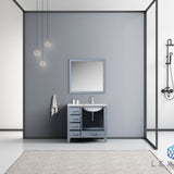 Jacques 36" Dark Grey Single Vanity, White Carrara Marble Top, White Square Sink and 34" Mirror - Right Version