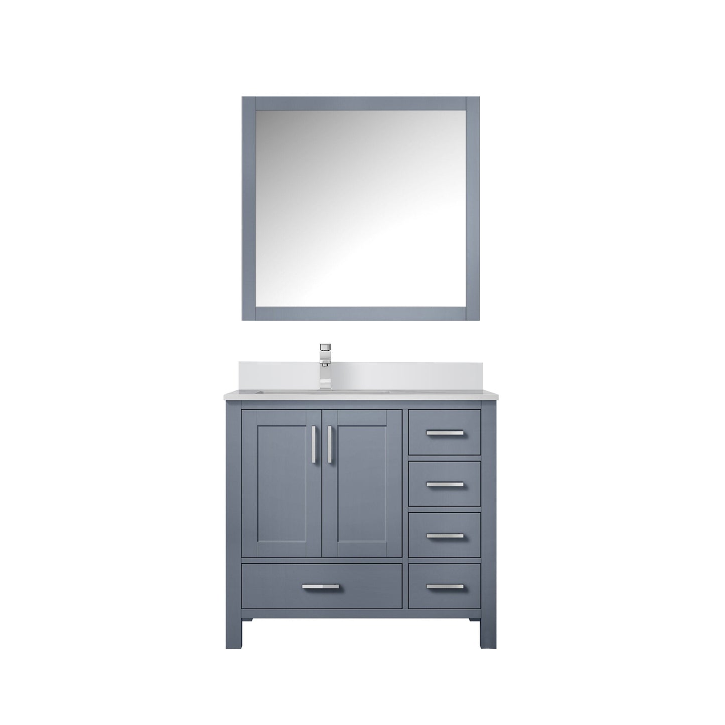 Jacques 36" Dark Grey Single Vanity, White Quartz Top, White Square Sink and 34" Mirror w/ Faucet - Left Version