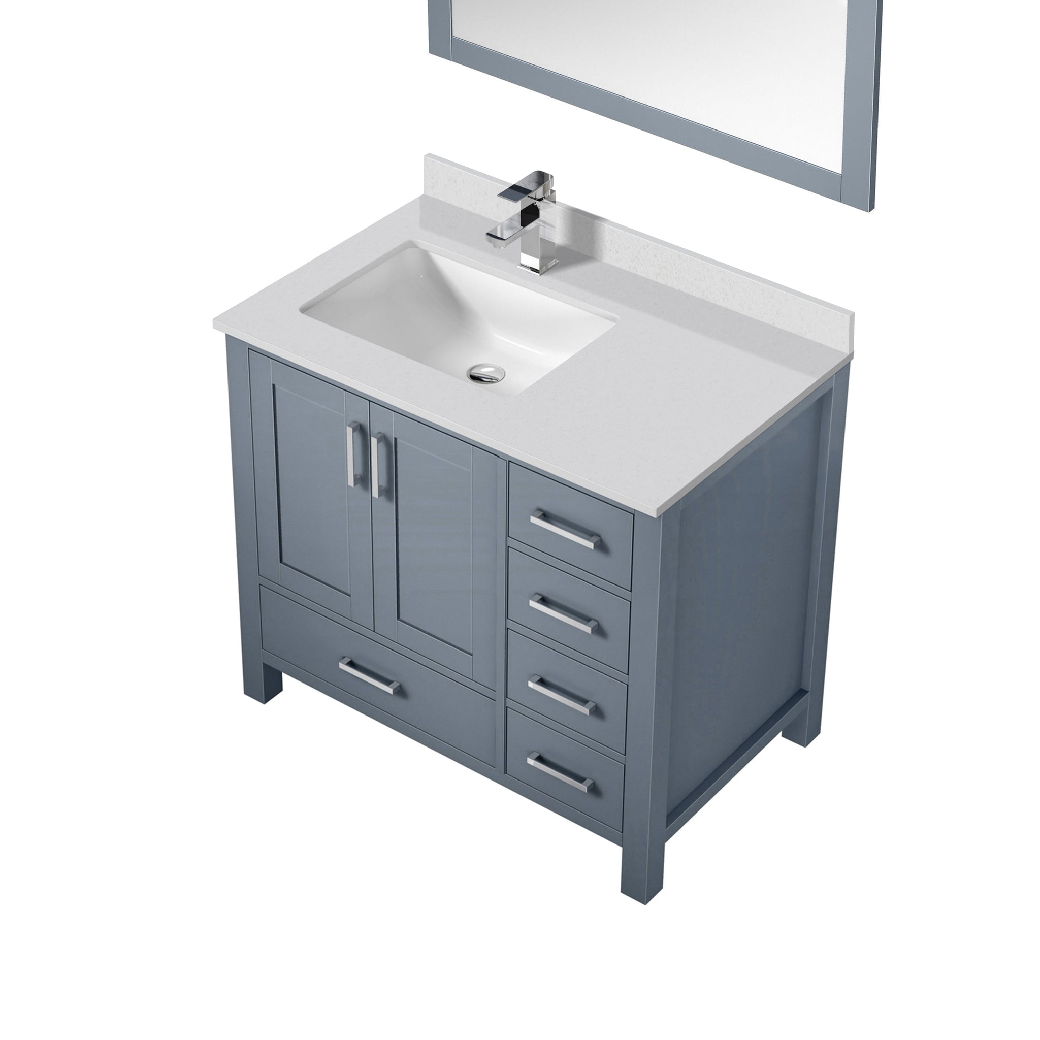Jacques 36" Dark Grey Single Vanity, White Quartz Top, White Square Sink and 34" Mirror w/ Faucet - Left Version