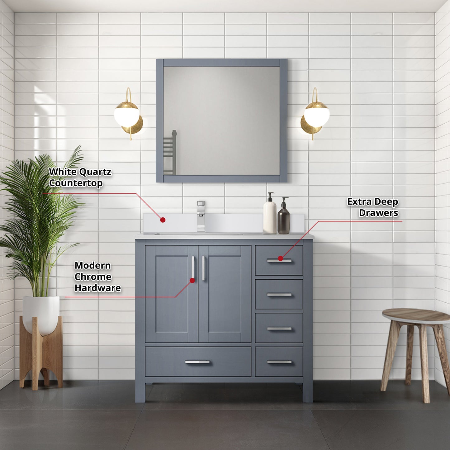 Jacques 36" Dark Grey Single Vanity, White Quartz Top, White Square Sink and 34" Mirror - Left Version