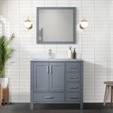 Jacques 36" Dark Grey Single Vanity, White Quartz Top, White Square Sink and 34" Mirror w/ Faucet - Left Version