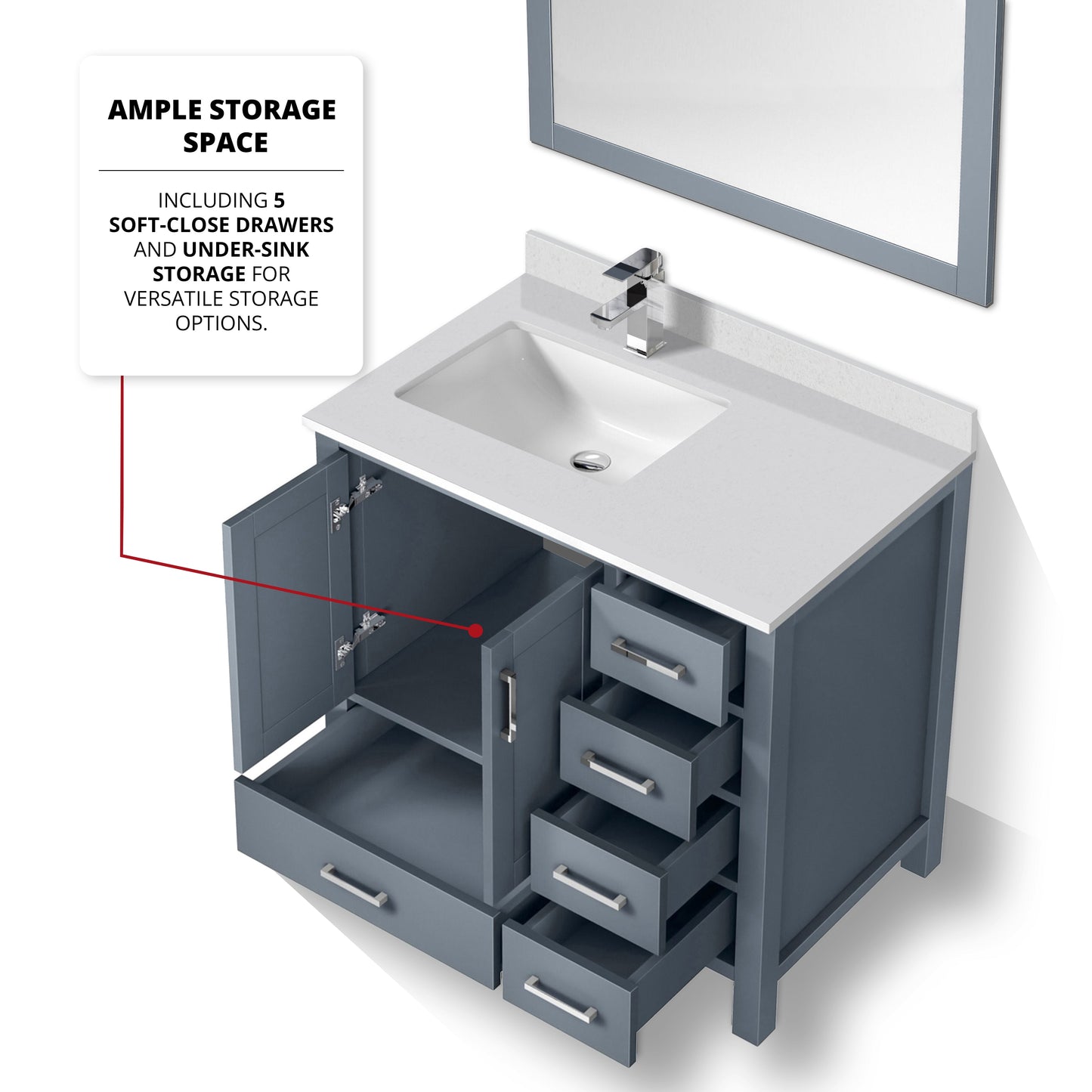 Jacques 36" Dark Grey Single Vanity, White Quartz Top, White Square Sink and 34" Mirror w/ Faucet - Left Version
