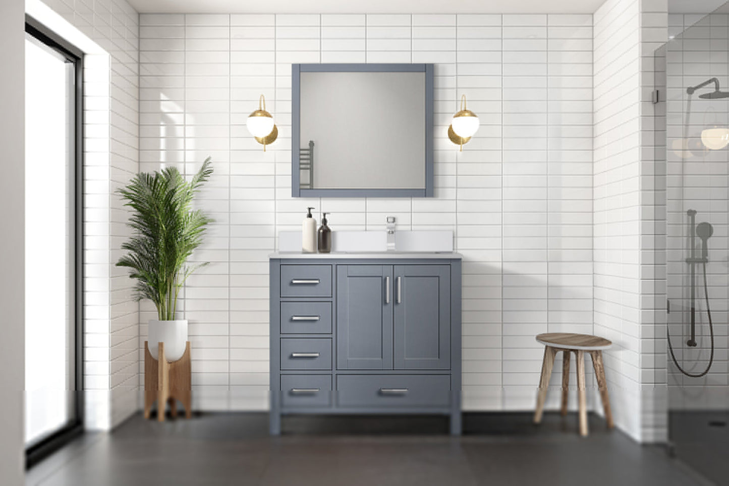 Jacques 36" Dark Grey Single Vanity, White Quartz Top, White Square Sink and 34" Mirror - Right Version