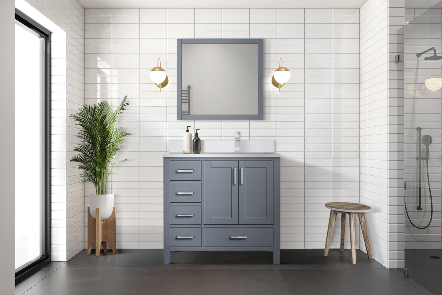 Jacques 30 in. Right Freestanding Bathroom Vanity with White Quartz Top, White Square Sink