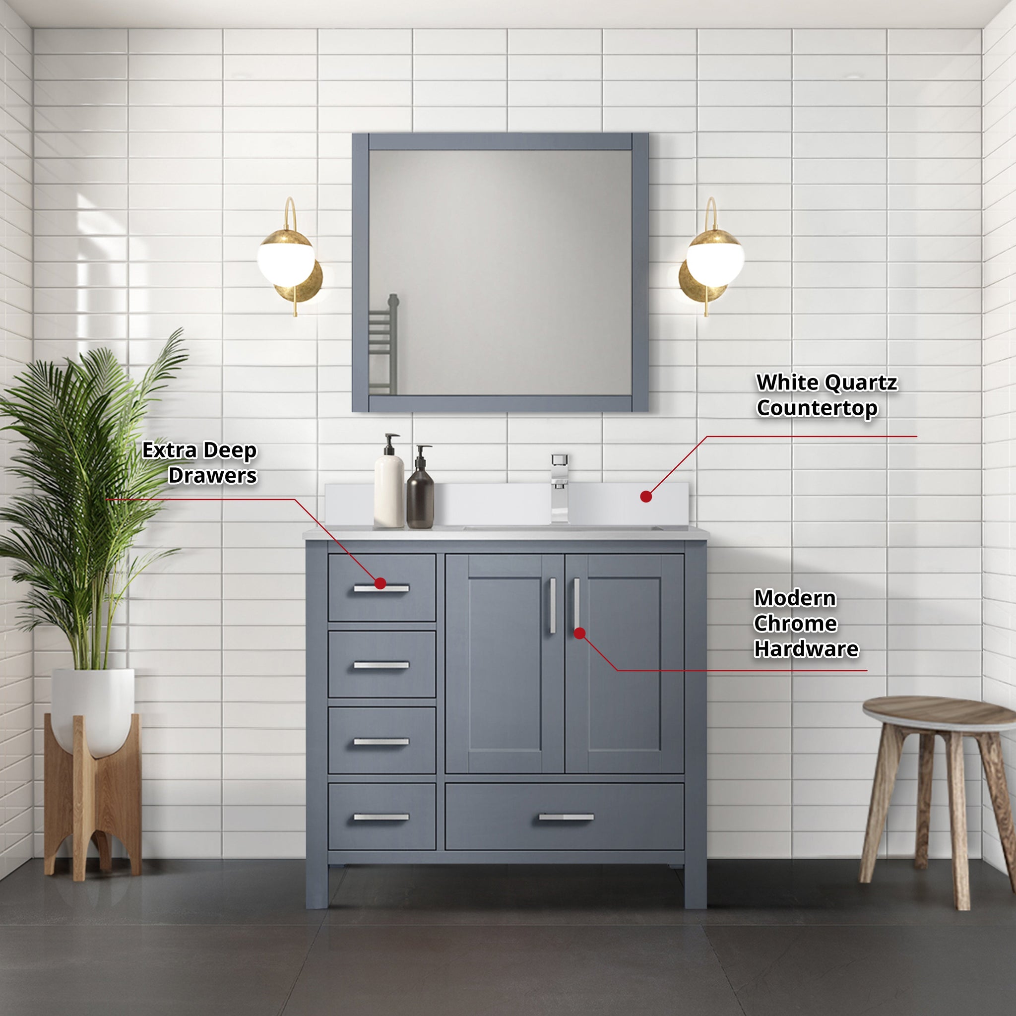 Jacques 36" Dark Grey Single Vanity, White Quartz Top, White Square Sink and 34" Mirror w/ Faucet - Right Version