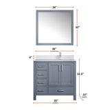Jacques 36" Dark Grey Single Vanity, White Quartz Top, White Square Sink and 34" Mirror - Right Version