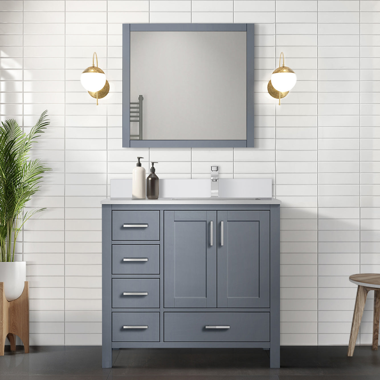 Jacques 36" Dark Grey Single Vanity, White Quartz Top, White Square Sink and 34" Mirror w/ Faucet - Right Version