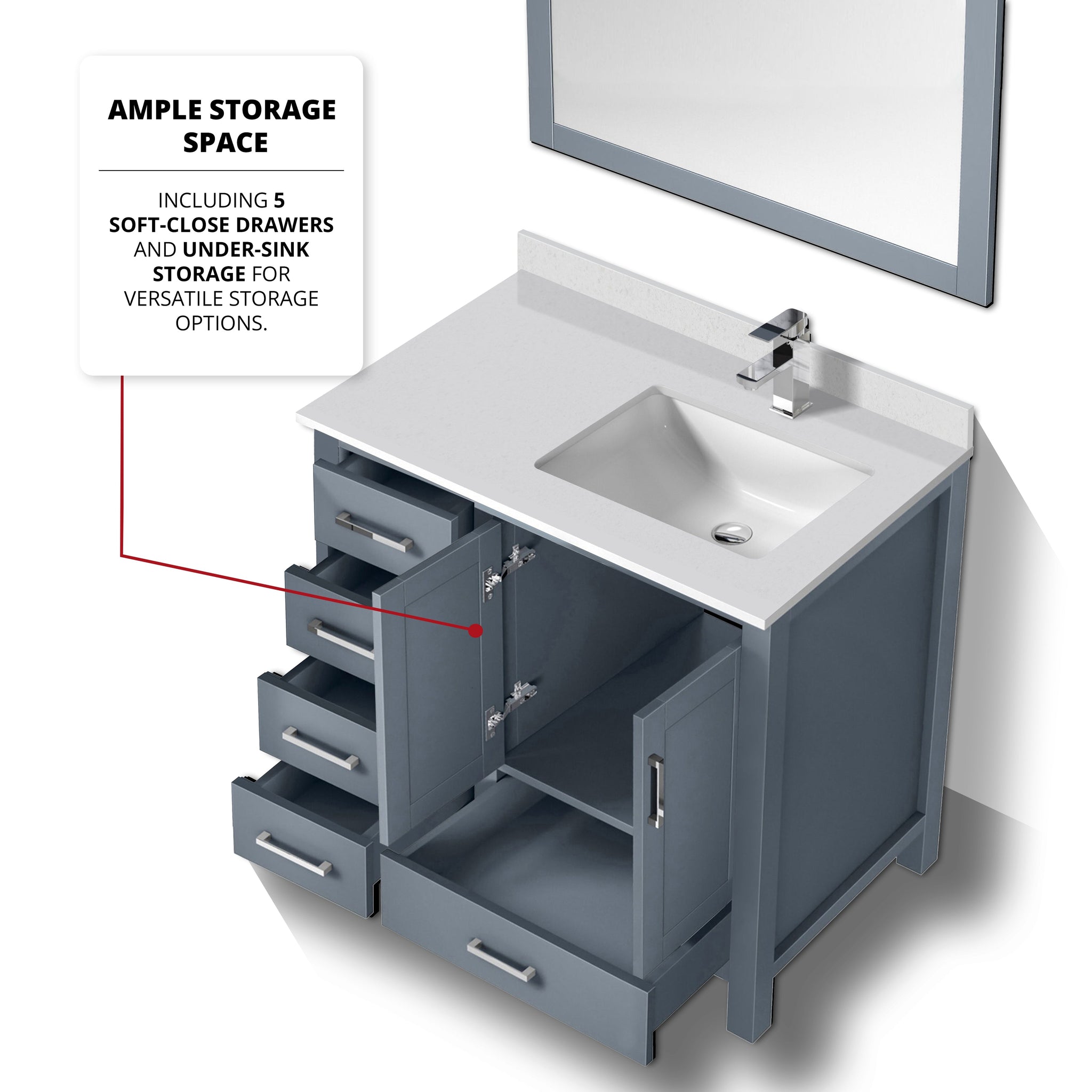 Jacques 36" Dark Grey Single Vanity, White Quartz Top, White Square Sink and 34" Mirror w/ Faucet - Right Version