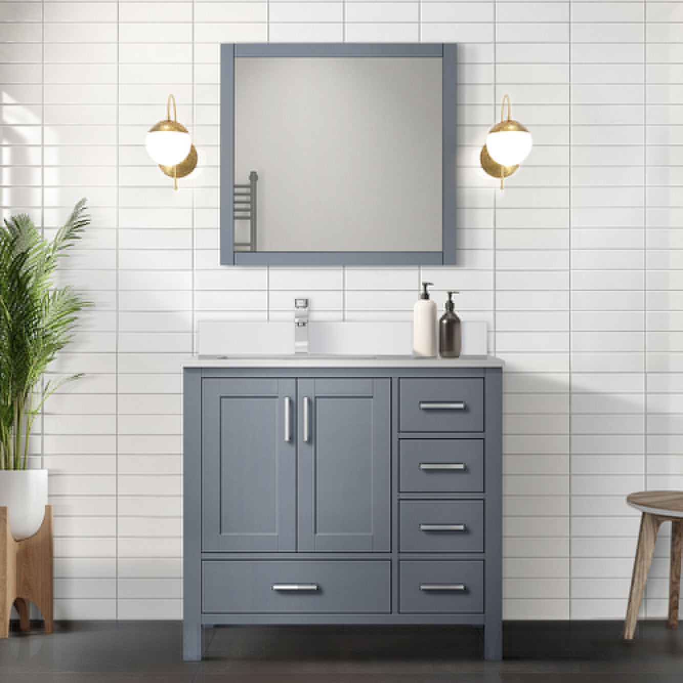 Jacques 36" Dark Grey Single Vanity, White Quartz Top, White Square Sink and 34" Mirror - Left Version