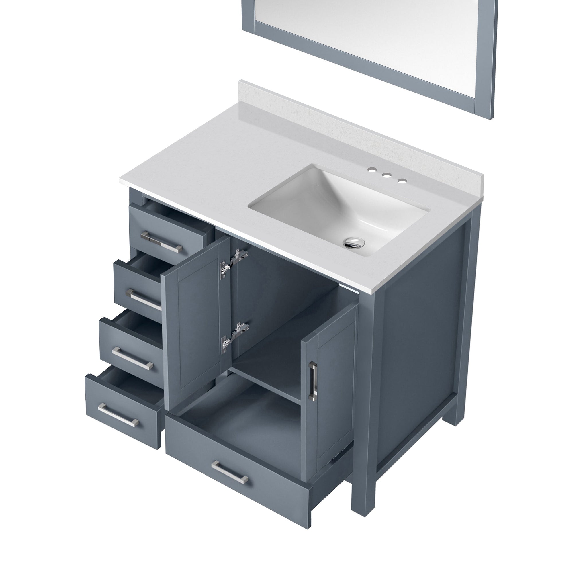 Jacques 36" Dark Grey Single Vanity, White Quartz Top, White Square Sink and 34" Mirror - Right Version