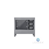 Jacques 36" Distressed Grey Single Vanity, White Carrara Marble Top, White Square Sink and 34" Mirror w/ Faucet - Right Version