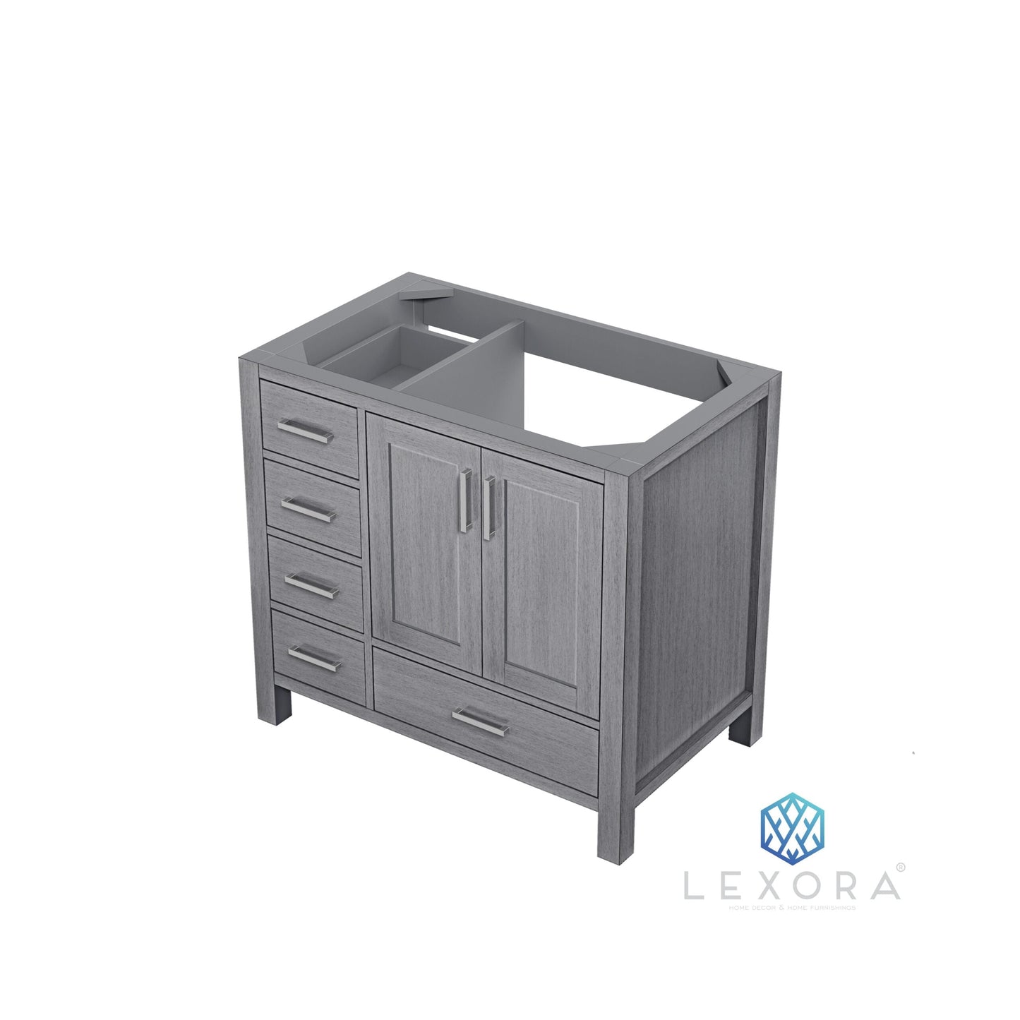 Jacques 36" Distressed Grey Single Vanity, White Carrara Marble Top, White Square Sink and 34" Mirror w/ Faucet - Right Version