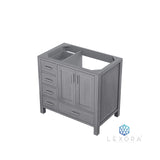 Jacques 36" Distressed Grey Single Vanity, White Carrara Marble Top, White Square Sink and 34" Mirror w/ Faucet - Right Version