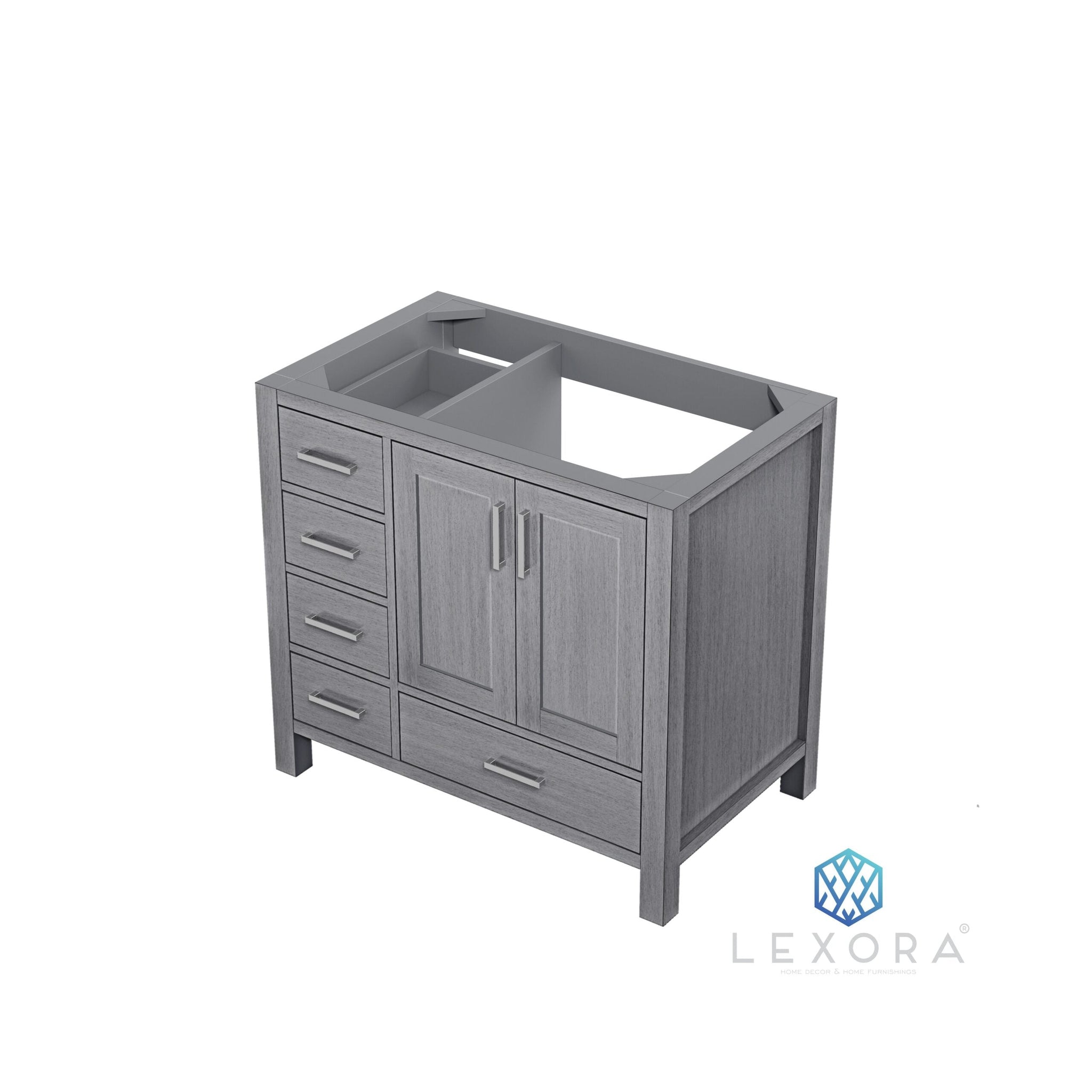Jacques 36" Distressed Grey Single Vanity, White Carrara Marble Top, White Square Sink and 34" Mirror w/ Faucet - Right Version
