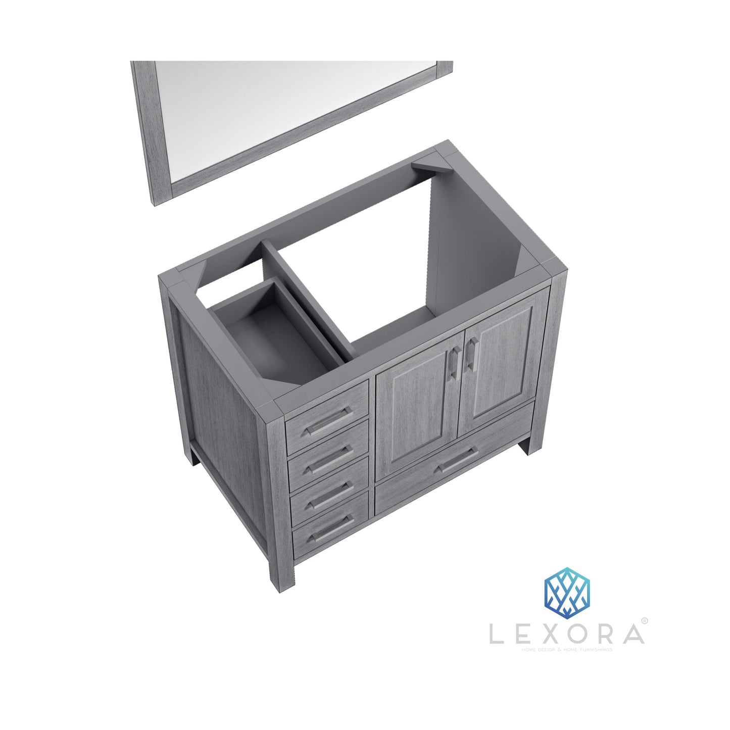 Jacques 36" Distressed Grey Single Vanity, White Carrara Marble Top, White Square Sink and 34" Mirror w/ Faucet - Right Version