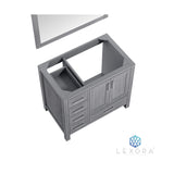 Jacques 36" Distressed Grey Single Vanity, White Carrara Marble Top, White Square Sink and 34" Mirror w/ Faucet - Right Version