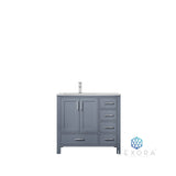 Jacques 36" Dark Grey Single Vanity, White Carrara Marble Top, White Square Sink and 34" Mirror w/ Faucet - Left Version