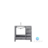 Jacques 36" Distressed Grey Single Vanity, White Carrara Marble Top, White Square Sink and 34" Mirror w/ Faucet - Left Version