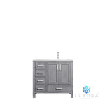 Jacques 36" Distressed Grey Single Vanity, White Carrara Marble Top, White Square Sink and 34" Mirror w/ Faucet - Right Version