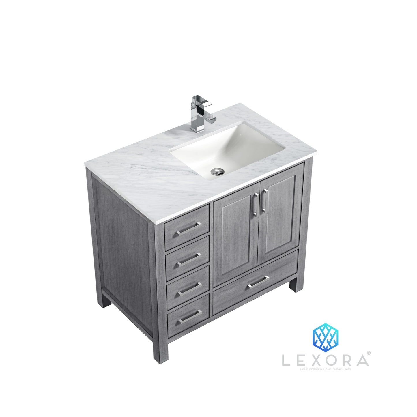 Jacques 36" Distressed Grey Single Vanity, White Carrara Marble Top, White Square Sink and 34" Mirror w/ Faucet - Right Version