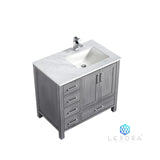 Jacques 36" Distressed Grey Single Vanity, White Carrara Marble Top, White Square Sink and 34" Mirror w/ Faucet - Right Version