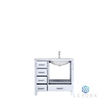 Jacques 36" White Single Vanity, White Carrara Marble Top, White Square Sink and 34" Mirror w/ Faucet - Right Version