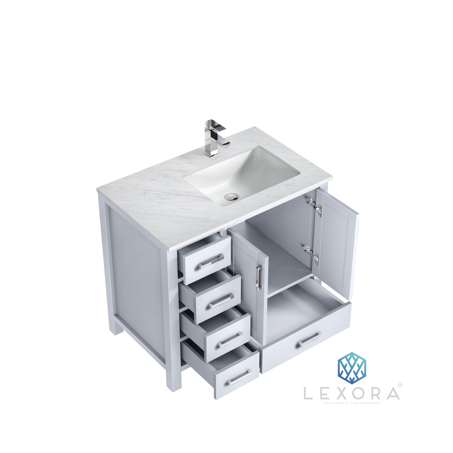 Jacques 36" White Single Vanity, White Carrara Marble Top, White Square Sink and 34" Mirror w/ Faucet - Right Version