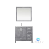 Jacques 36" Distressed Grey Single Vanity, White Carrara Marble Top, White Square Sink and 34" Mirror w/ Faucet - Left Version