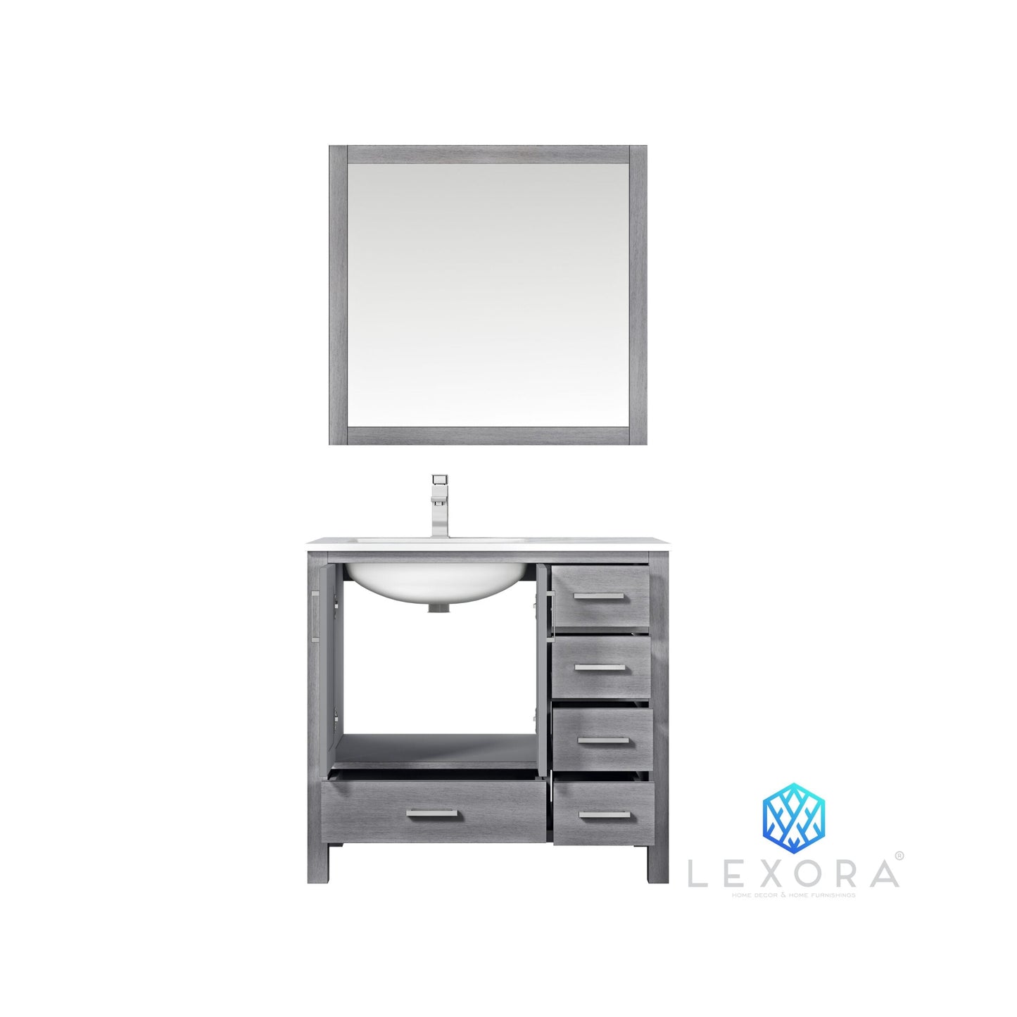 Jacques 36" Distressed Grey Single Vanity, White Carrara Marble Top, White Square Sink and 34" Mirror w/ Faucet - Left Version