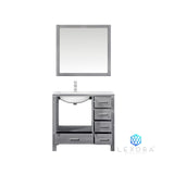 Jacques 36" Distressed Grey Single Vanity, White Carrara Marble Top, White Square Sink and 34" Mirror w/ Faucet - Left Version