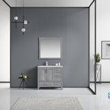 Jacques 36" Distressed Grey Single Vanity, White Carrara Marble Top, White Square Sink and 34" Mirror - Left Version