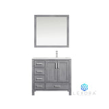 Jacques 36" Distressed Grey Single Vanity, White Carrara Marble Top, White Square Sink and 34" Mirror - Right Version
