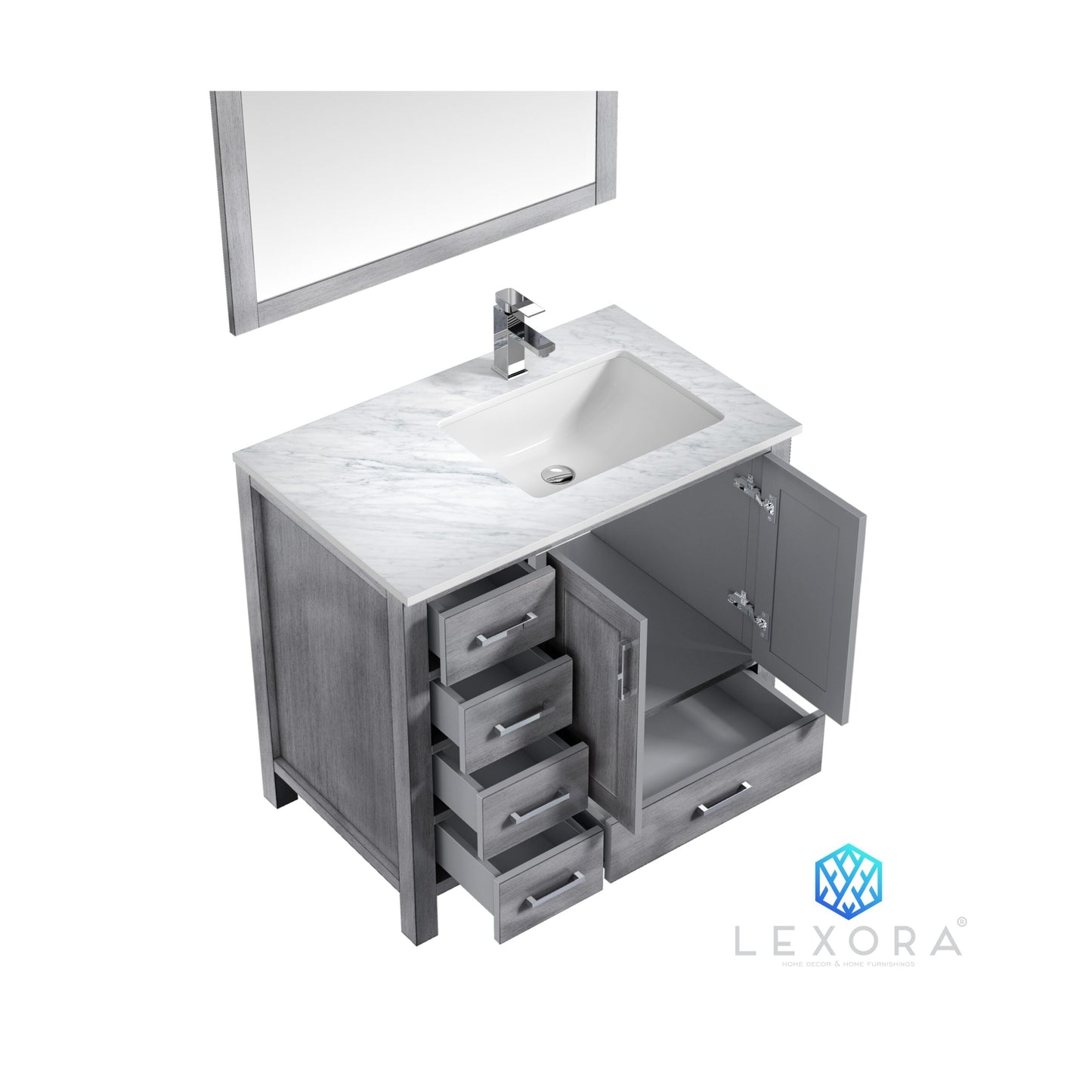 Jacques 36" Distressed Grey Single Vanity, White Carrara Marble Top, White Square Sink and 34" Mirror w/ Faucet - Right Version