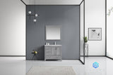 Jacques 36" Distressed Grey Single Vanity, White Carrara Marble Top, White Square Sink and 34" Mirror w/ Faucet - Right Version