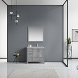 Jacques 36" Distressed Grey Single Vanity, White Carrara Marble Top, White Square Sink and 34" Mirror - Right Version