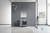 Jacques 36" Distressed Grey Single Vanity, White Carrara Marble Top, White Square Sink and 34" Mirror w/ Faucet - Right Version