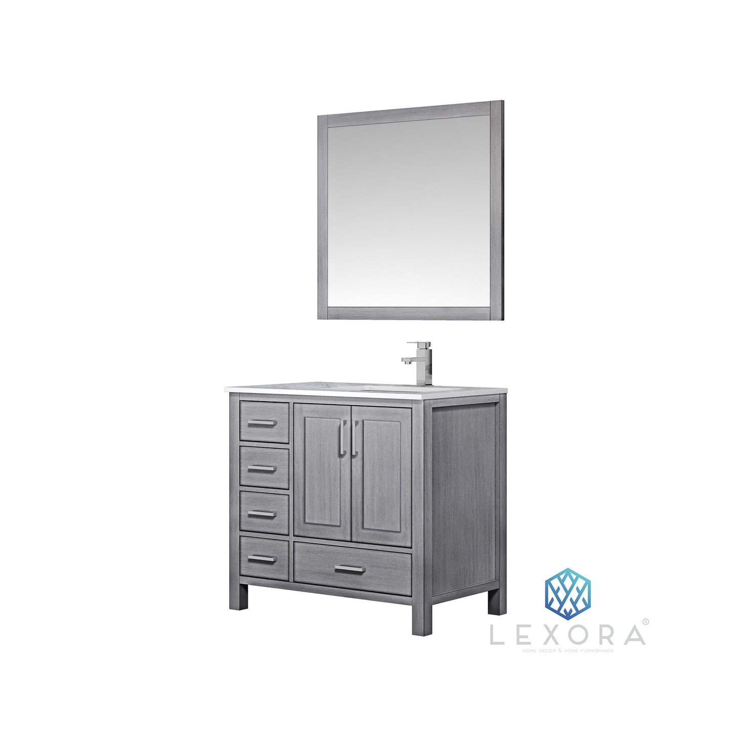 Jacques 36" Distressed Grey Single Vanity, White Carrara Marble Top, White Square Sink and 34" Mirror w/ Faucet - Right Version