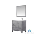 Jacques 36" Distressed Grey Single Vanity, White Carrara Marble Top, White Square Sink and 34" Mirror w/ Faucet - Right Version