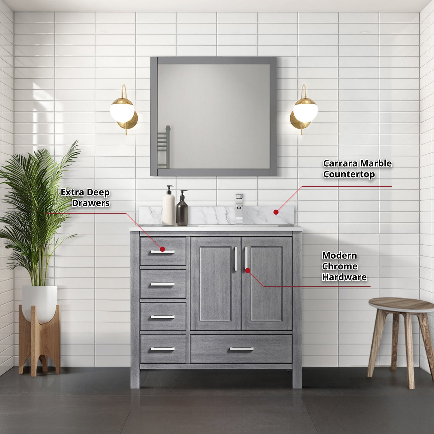 Jacques 30 in. Right Freestanding Bathroom Vanity with White Carrara Marble Top, White Square Sink