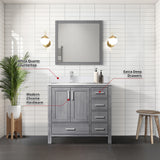 Jacques 36" Distressed Grey Single Vanity, White Quartz Top, White Square Sink and 34" Mirror w/ Faucet - Left Version